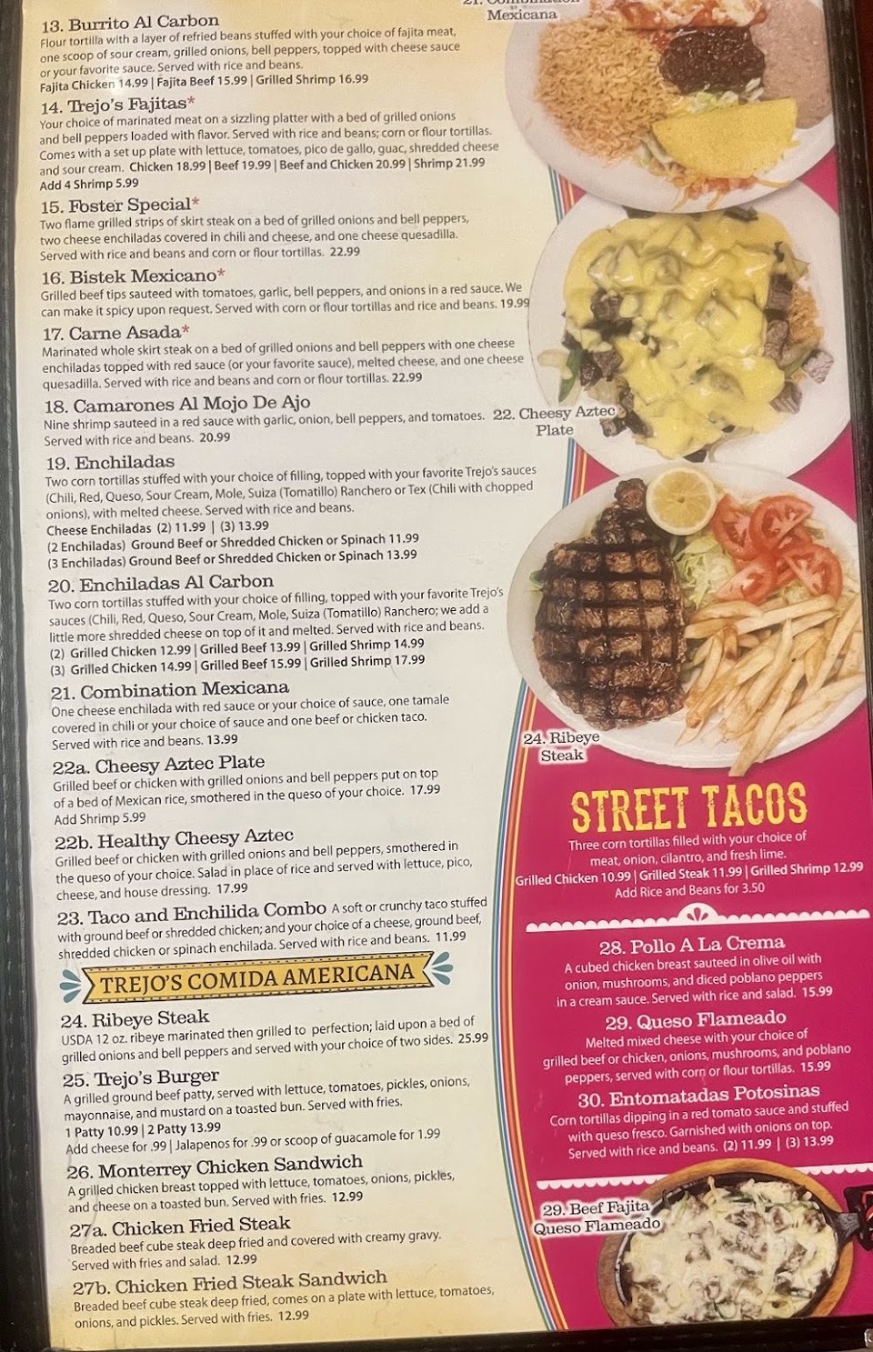 Close-up of a restaurant menu with queso and guacamole.