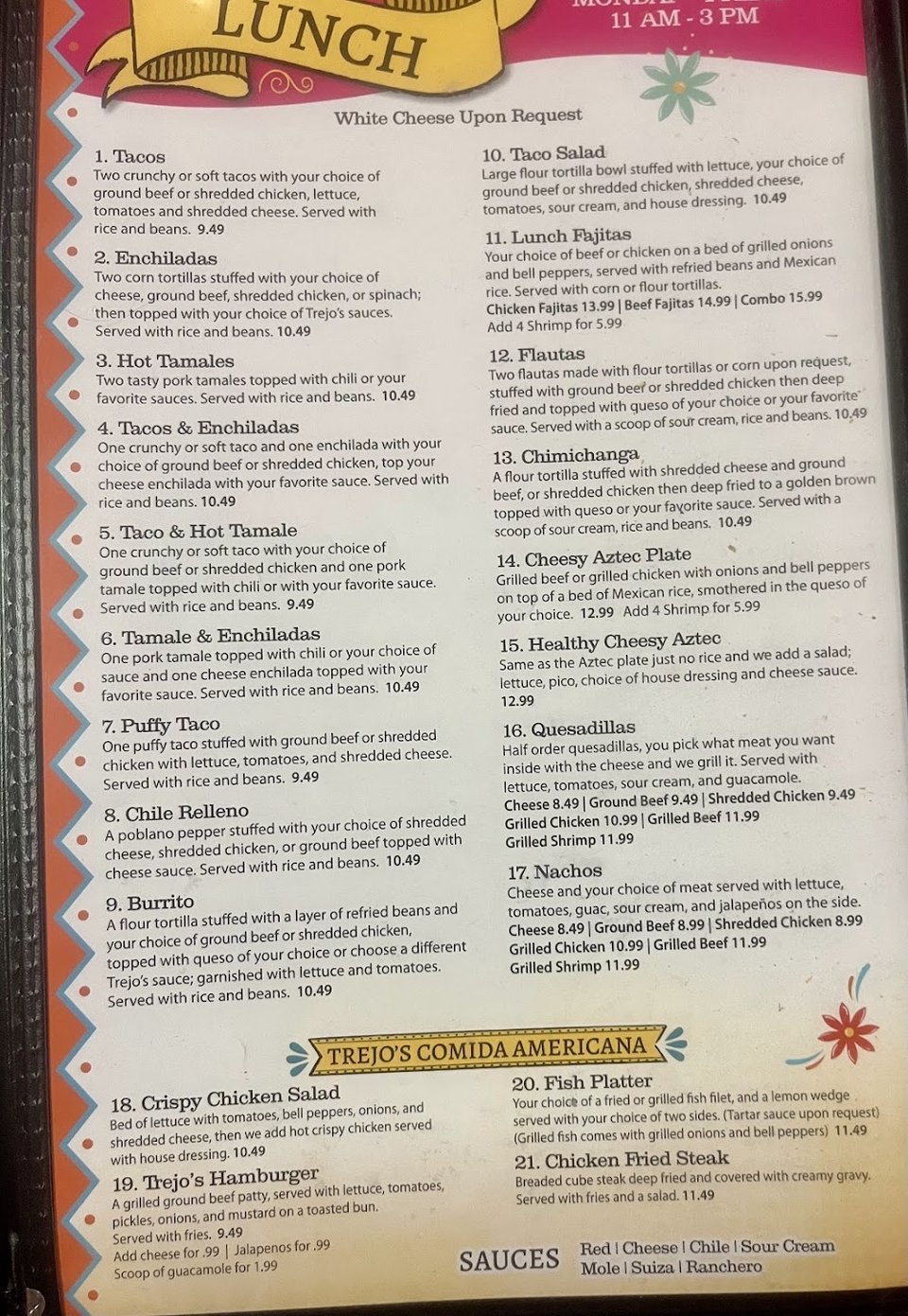 Printed menu with tacos, enchiladas, and fajitas.