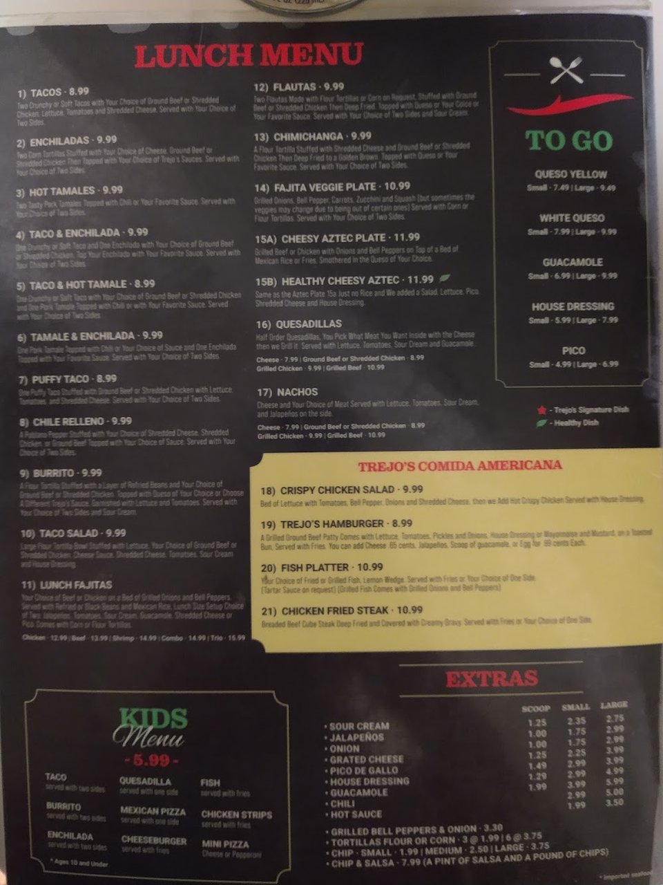 Takeout menu with Mexican favorites listed.
